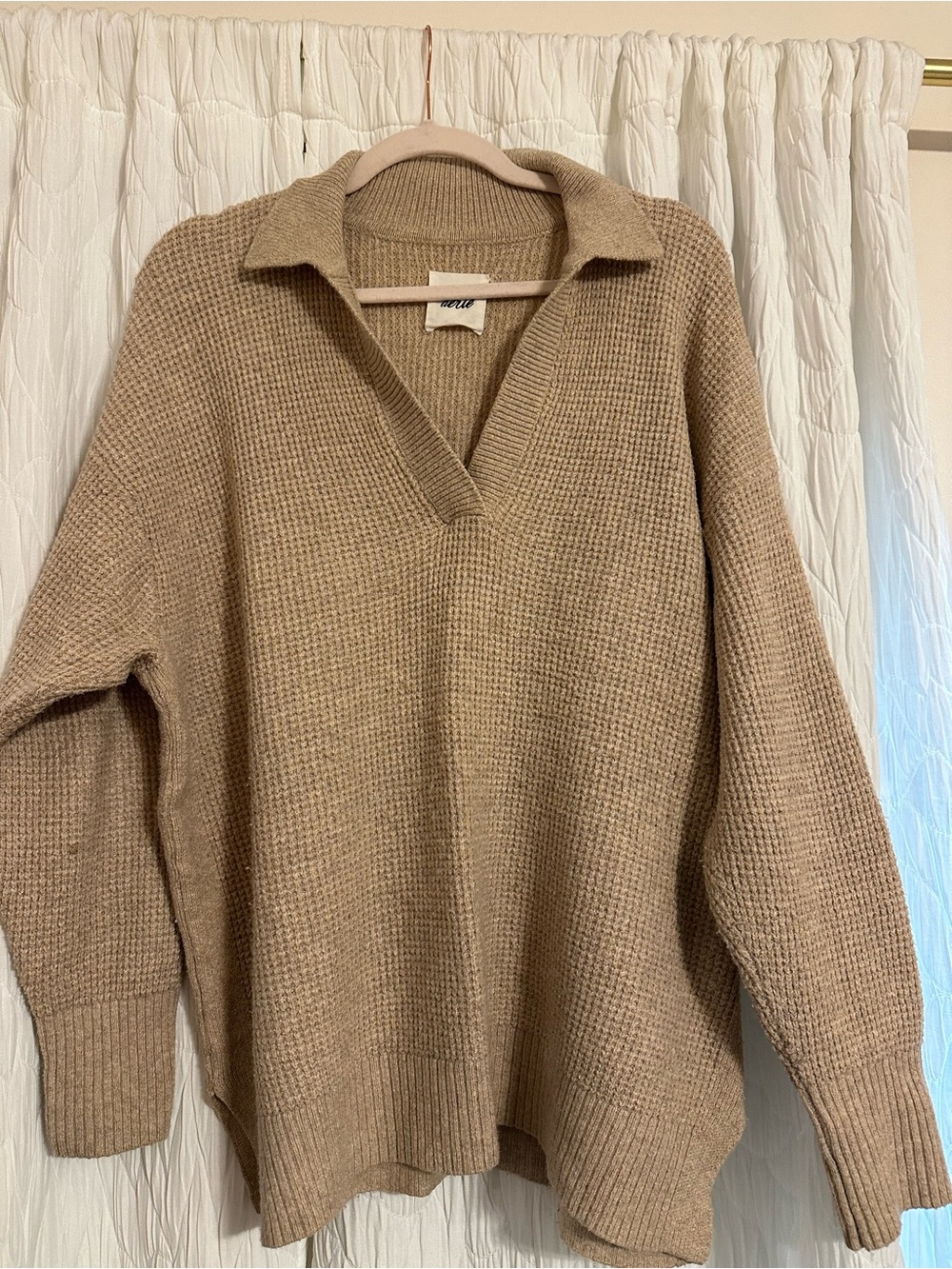 aerie Collared V-Neck Sweater in Camel